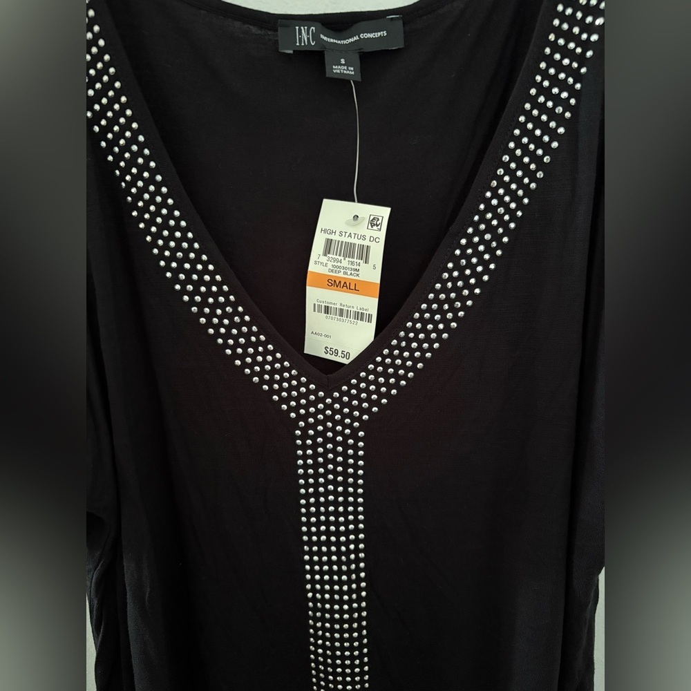 NWT INC International Concepts Black Cold Shoulder Blouse With Sliver Studs Sz S - Picture 3 of 9